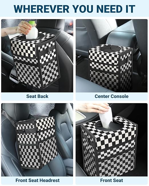 Capolo Car Trash Can with Lid, Leakproof Car Trash Bag Hanging Waterproof Automotive Garbage Can with Storage Pockets Mini Vehicle Trash Bin for Back/Front Seat(Black Checkerboard,3 Gallon)