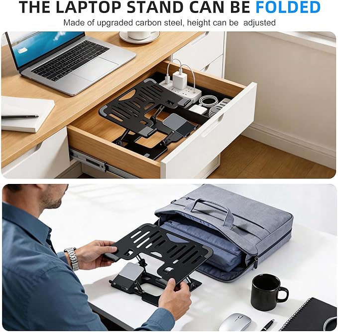 Ergonomic Adjustable 2-in-1 Laptop Stand with Phone Holder, Laptop Riser for Desk, Computer Stand for Laptop, Sturdy and Portable Stand, Compatible with Most Laptops and Phones (Black)