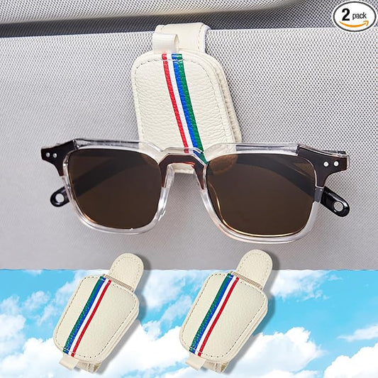 Sunglasses Holder for Car Visor - Universal Car Eyeglass Glasses Magnetic Clip - 2 Pack Leather Car Convenient and Fashion Sunglass Organizer Hanger Clip Ticket Card Clip Interior Accessories (Beige)