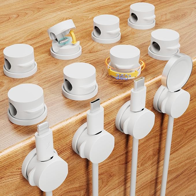 Cord Organizer Holder Clips 12 Pack 360° Rotatble Spring Cable Management,Hide Phone Charging Cable Keeper Strong Adhesive Wire Charger Holder for Home Car Office Nightstand Desk (White)
