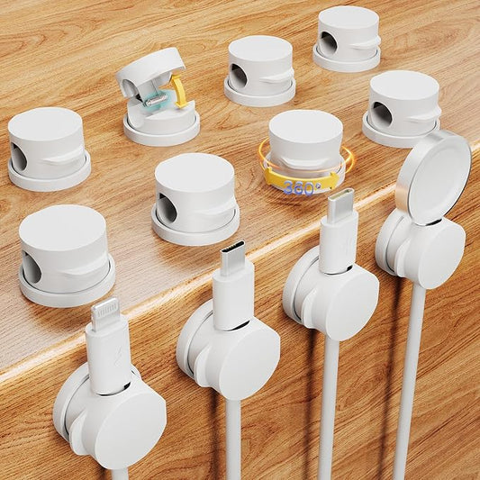 Cord Organizer Holder Clips 12 Pack 360° Rotatble Spring Cable Management,Hide Phone Charging Cable Keeper Strong Adhesive Wire Charger Holder for Home Car Office Nightstand Desk (White)