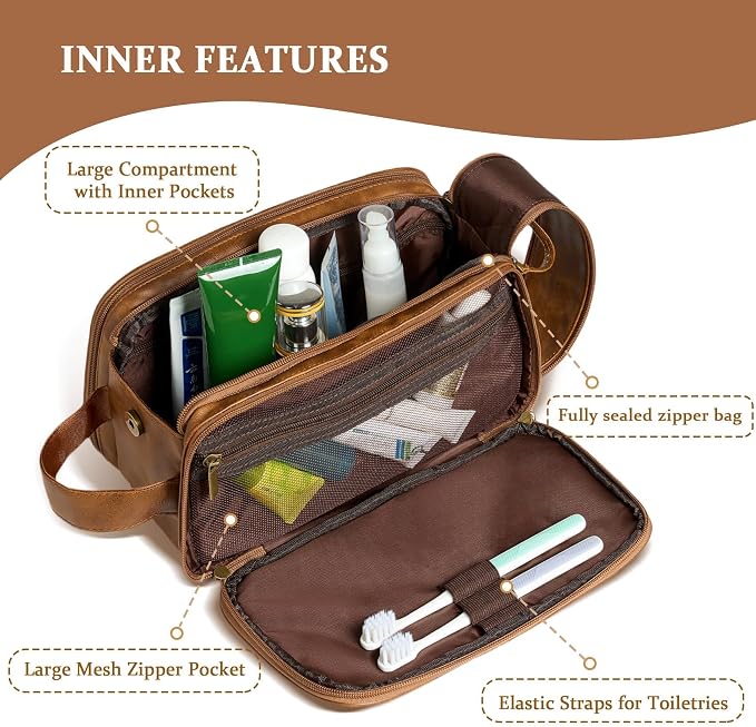 Janhavi Travel Essentials Toiletry Bag, Waterproof PU Leather Initials & Mountain, Groomsmen Gifts, Men's Accessories Organizer, Travel Bags for Men, Gifts for Men (Brown O)