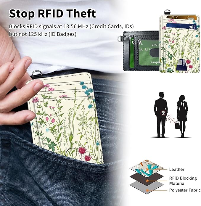 Slim Minimalist Front Pocket Wallet,Credit Card Holder Wallet for Women Men,RFID Blocking Credit Card Holder Case Leather Cute Small Thin Wallet ID Window&Wrist Strap,Flower Floral Plant