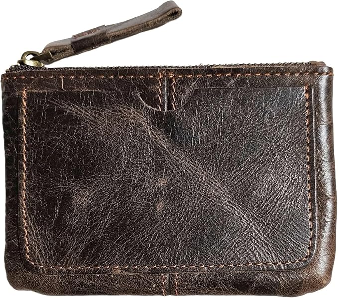 Genuine Leather Coin Purse Pouch for Women Men Vintage Cowhide Grain Leather Slim Mini Wallet Metal Zipper with Real Leather handle (Dark Brown)