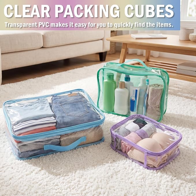 6 Pcs Clear Packing Travel Cubes Set Reusable See Through Premium PVC Plastic Organizer Bag with Handle for Summer Camp Travel Luggage Storage Organizer Multipurpose Pouch Toiletry Bag(Bright Color)
