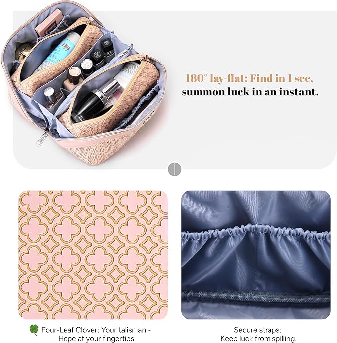 BOYATU Travel Makeup Bag for Women: Four Leaf Clover Large Capacity 3 Pcs Set Cosmetic Bags - Waterproof 50% Extra Space for Toiletry Organizer - Travel Essentials for Fortunate (03 Pink)