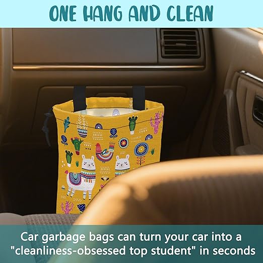 Car Garbage Bag Llama Flowers and Birds Drawstring Car Trash Bag Hanging for Back Seat with Adjustable Buckle Canvas Vehicle Trash Can Easy-to-Install