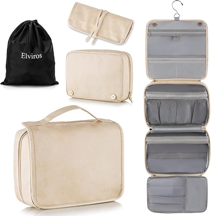 Elviros Hanging Travel Toiletry Bag for Women, 3-in-1 Large Makeup Bag and Cosmetic Organizer, Vegan Leather Waterproof Skincare Case for Travel Size Toiletries and Accessories, Gift for Women