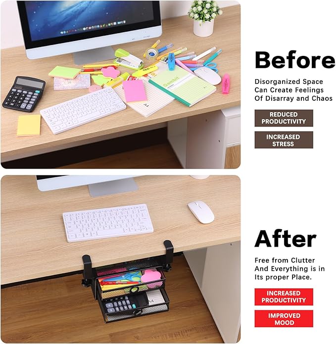 ROSYLINE Under Desk & Desktop Drawer Organizer - 2-Tier Metal Slide Out Drawers Organizer, Storage for Home Office Desk (Black)