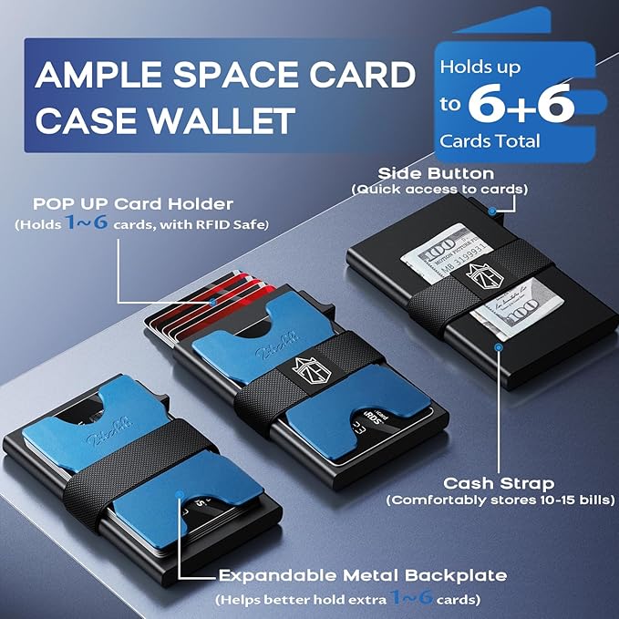 Zitahli Card Holder Wallets for Men - Slim Wallet Holds 6+6 Cards, Metal Card Holder, Minimalist RFID Blocking Wallets with Pop-Up Function, Ultra-Thin, Men's Accessories, Gifts for Him