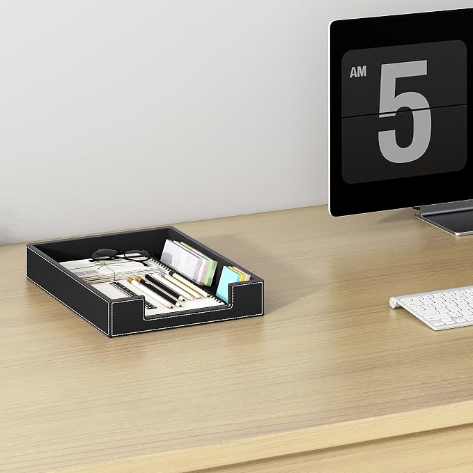 Leather Letter Tray, AUVAHOX Elegant Desk Organizer for Office Supplies, Mail, Paper, File, Magazine, Perfect Space Saver for Desk - Black