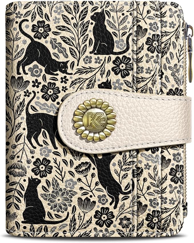 Kelvoris Black Cats Small Rfid Women Wallet Bifold Zipper Coin Pocket PU Leather Compact Cash Credit Card Holder Travel Wallet for Female Ladies Teen Girls 1 ID Window 10 Card Slots