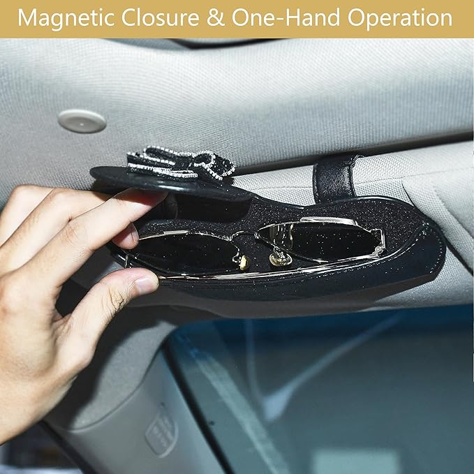 Sunglasses Holder for Car Visor, PU Leather Glasses Case with Clips Magnetic Closure Eyeglasses Holder