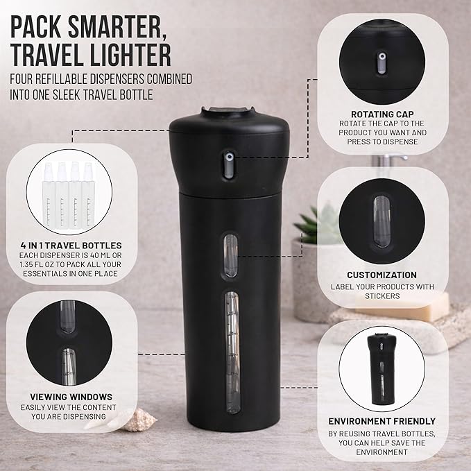 Travigo 4-in-1 Travel Dispenser Bottle, TSA Approved, Leak Proof, Four Reusable 1.4 oz. (40 mL) Toiletry Containers for Shampoo, Conditioner, Soap, Lotion, Skincare (Black)