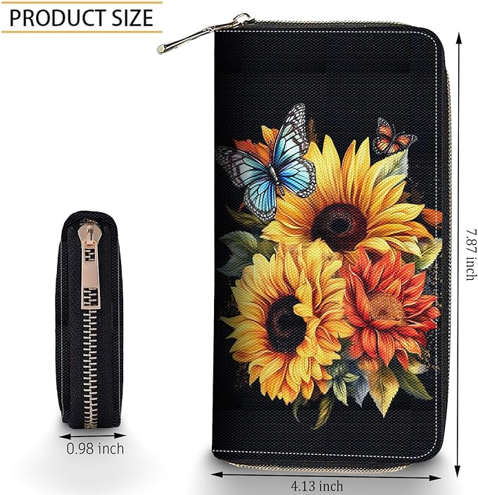 Bxgolkgd Womens Wallet, RFID Blocking Leather Wallet,Large Capacity Wallet Credit Card Holder PU Leather Ladies Clutch with Zipper Coin Pocket - Sunflower Butterfly
