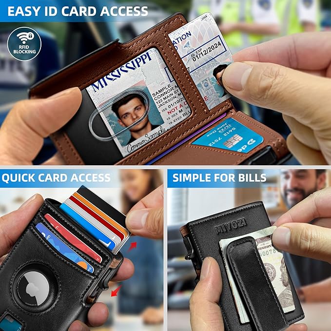 miyozi Airtag Wallet for Men,with Money Clip 10 Cards Metal Case Smart Slim Pop Up Credit Card Holder Flip with Magnetic Closure RFID Blocking wallet with Gift Box