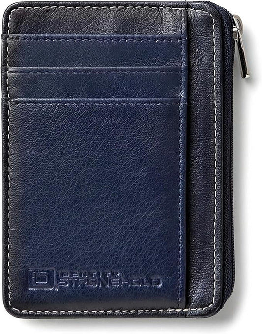 ID Stronghold RFID Blocking Front Pocket Wallet – Slim Minimalist Genuine Leather Wallet with Zipper Coin Pocket (Blue)