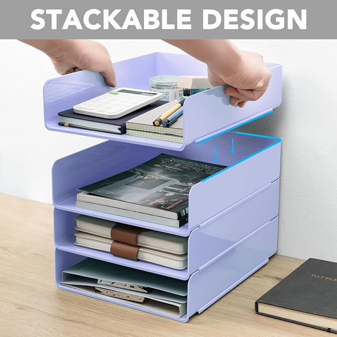 Tiawudi Desk Organizer, Office Organization and Storage, Plastic Letter Tray, Stackable File Organizer for Classroom, Home, Documents, Notes, Folders, Books and Pens, 4 Tier