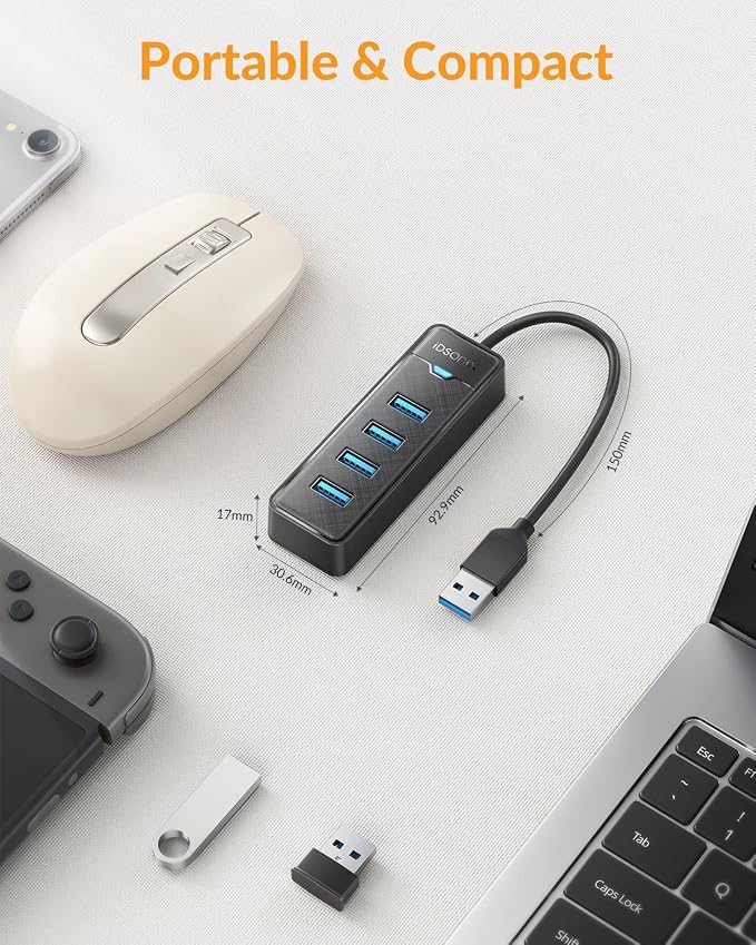 iDsonix USB 3.0 Hub, 4 Ports USB Hub for Laptop, 5Gbps USB Splitter Multiport Adapter, USB Extension Cable Hub for PC, Desktop, Xbox, Flash Drive, HDD, Console, Printer, Keyboards, Mouse