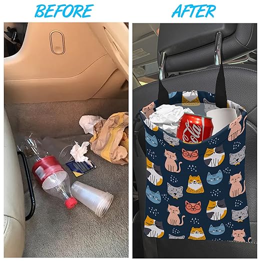 Car Trash Bag Cute Cat Car Garbage Bag Hanging Car Trash Can for Back Seat with Drawstring