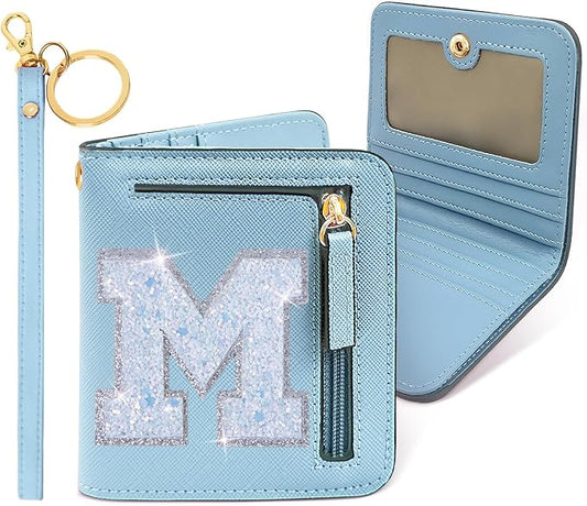 COSHAYSOO Initial RFID Wallet Small for Women Teenager Girl Travel Daily Essentials, Mini Bifold Wallet Slim Coin Purse with Zippered Pocket Preppy Letter Patch for Ladies Easter Gift Blue M