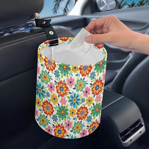 Colorful Dahlia Car Waste Basket Can Universal Compact Console Seat Rubbish Holder Mini Car Interior Organizer for Car Auto Garbage, Easy to Use