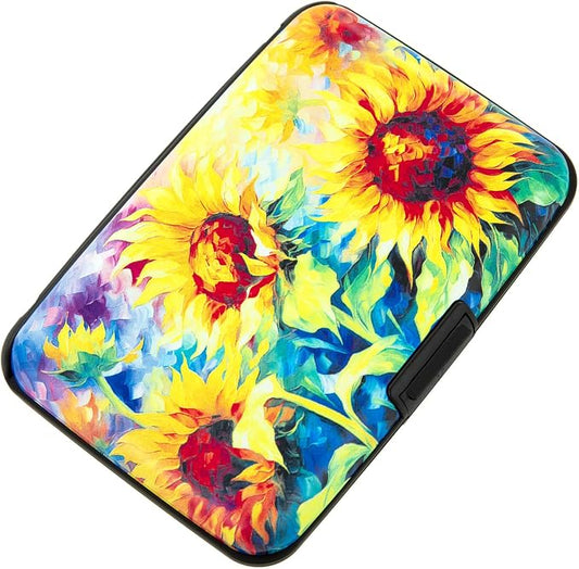 Credit Card Holder for Women Men RFID Blocking Wallet Small Business Metal Slim Mini Aluminum Hard Case (Yellow SunFlowers Painting)