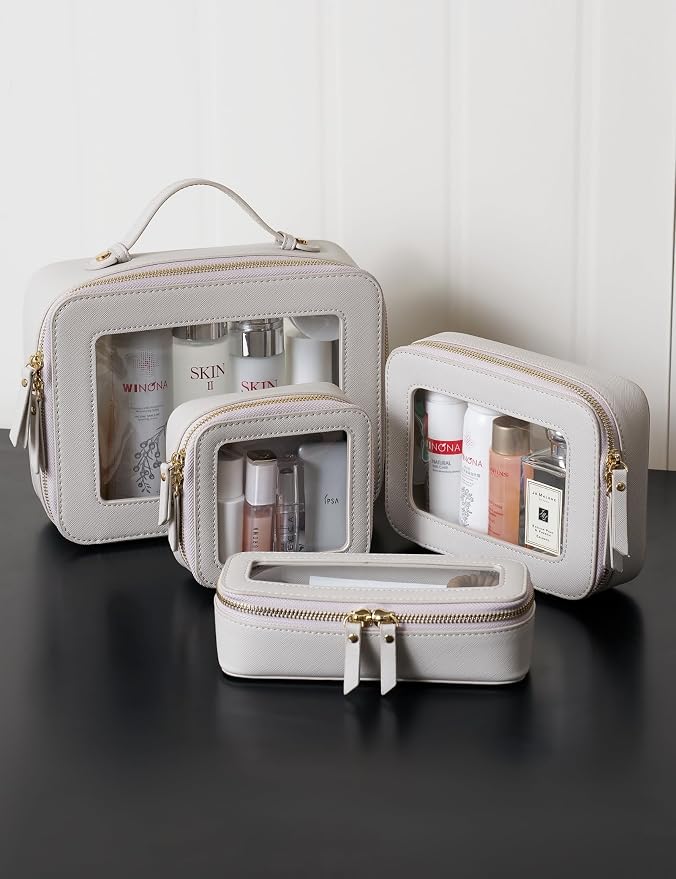 Popvibe Clear Makeup Case Set Toiletry Bag Travel Large Clear Cosmetic Bag with Zipper, Big Make Up Bag Organizer Women Traveling TSA Approved Transparent Bag Car for Essentials, Beige Grey