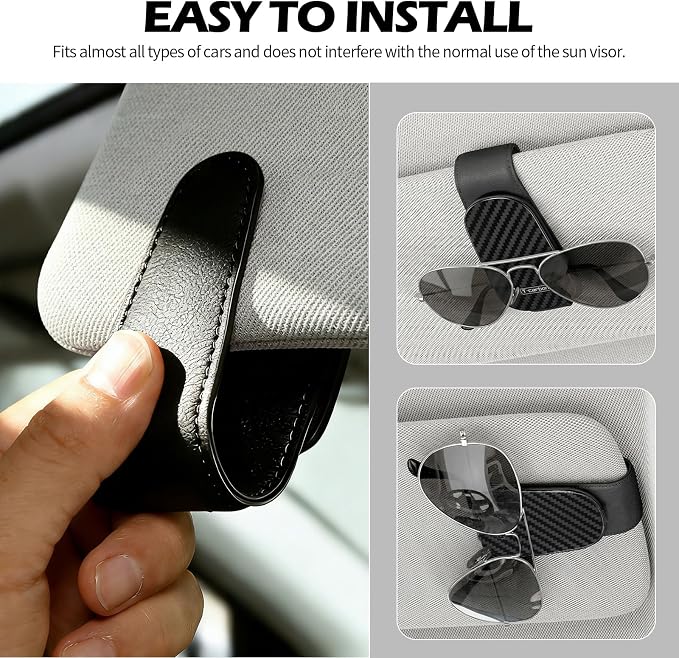 T-carbon Sunglass Holder for Car Sun Visor,Magnetic Leather Sunglasses Hanger,Carbon Fiber Sunglasses Holder and Ticket Card Clip, Car Visor Accessories,Matte Black