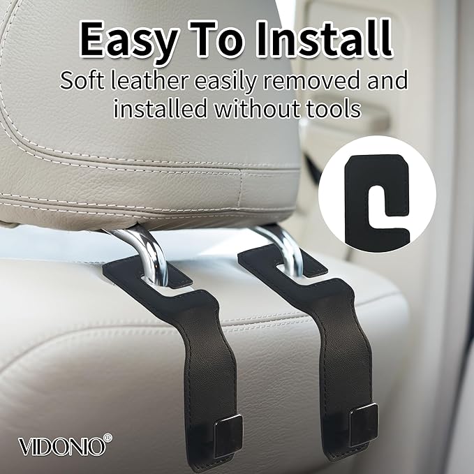 Vidonio Upgrade Car Seat Headrest Hooks & Mobile Phone Holder, Universal Hidden Multifunctional Car Organizers, Leather (Black)