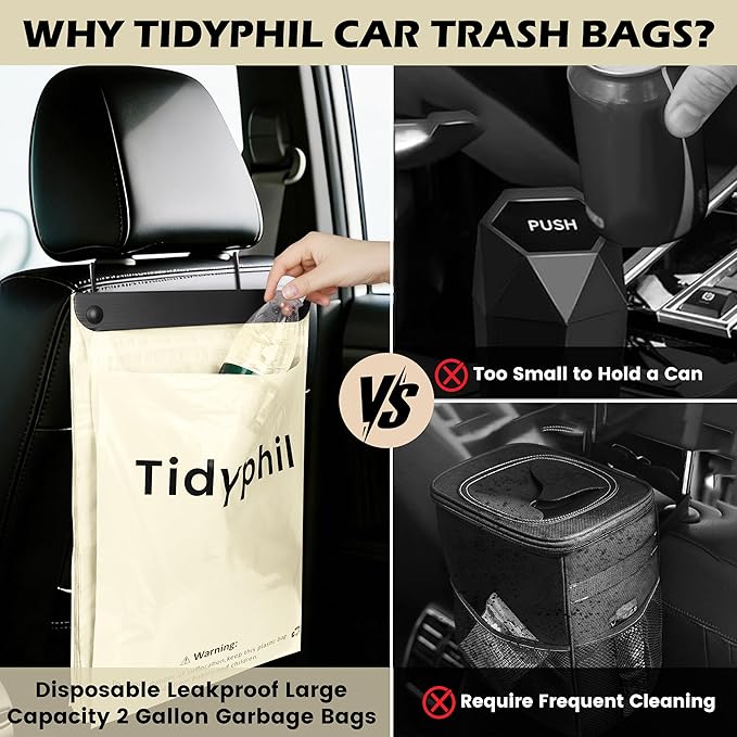 50 PCS Disposable Car Trash Bags Hanging, Leak-proof, Odor Seal. 2 Gallon Car Garbage Bags, Big Capacity. Independent of Car Trash Can, Easy Stick-On Car trash Bin for Car, SUV, Truck, Stroller. White