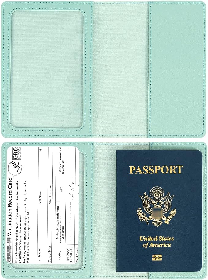 2 Pack Passport covers and Vaccine Card Holder PU Leather Passport Wallet Vaccine Case Protector Slot Travel Passport Wallets for Women & Men (Grey & Green)