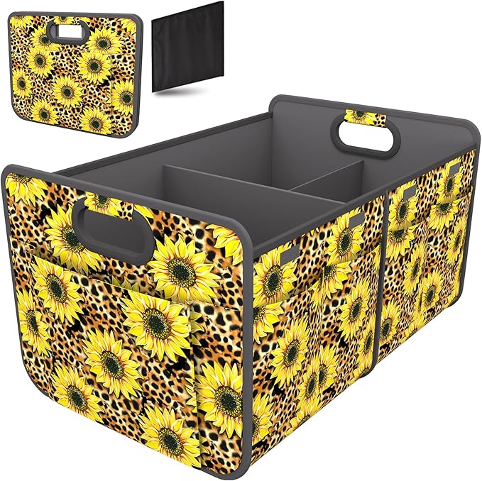 Homeve Trunk Organizer, Car Storage, Reinforced Handles, Collapsible Multi-Compartment, Foldable, Waterproof, Sturdy, 600D Oxford Polyester For Car, SUV, Mini-Van, Sunflower Leopard Print, 2 Compart
