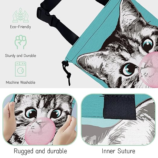 Cute Cat Car Trash Bag,Kitten Blow Bubble Gum Hanging Drawstring Car Garbage Bag,Waterproof Canvas Car Back Seat Organizer with Adjustable Buckle,for Vehicles,SUVs,Camping,Road Trips