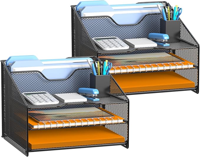 Samstar 2 Pack Mesh Desk File Organizer Letter Tray Holder, Desktop File Folder Holder with 3 Paper Trays and 2 Vertical Upright Section, Black