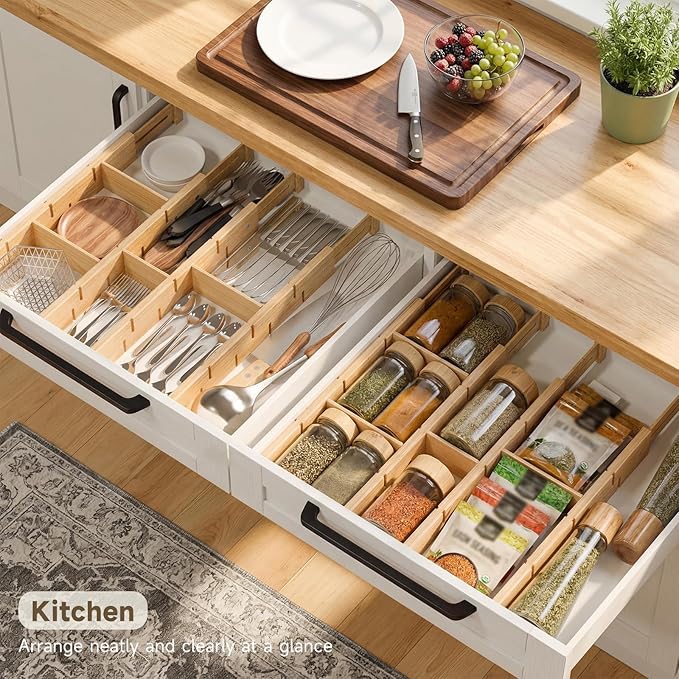 Bamboo Drawer Dividers, Expandable Kitchen Drawer Organizer, Include 8 Dividers, 8 Small Inserts and 8 Medium Inserts for Home, Office, Dressers