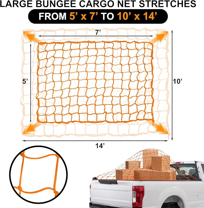 Seven Sparta 5’ x 7’ Bungee Cargo Net Stretches to 10' x 14' for Truck Bed, Pickup Bed, Trailer, Trunk, SUV with 16 Bonus D Clip Carabiners Car Organizer Net for Large Loads (Orange, 5'x7')