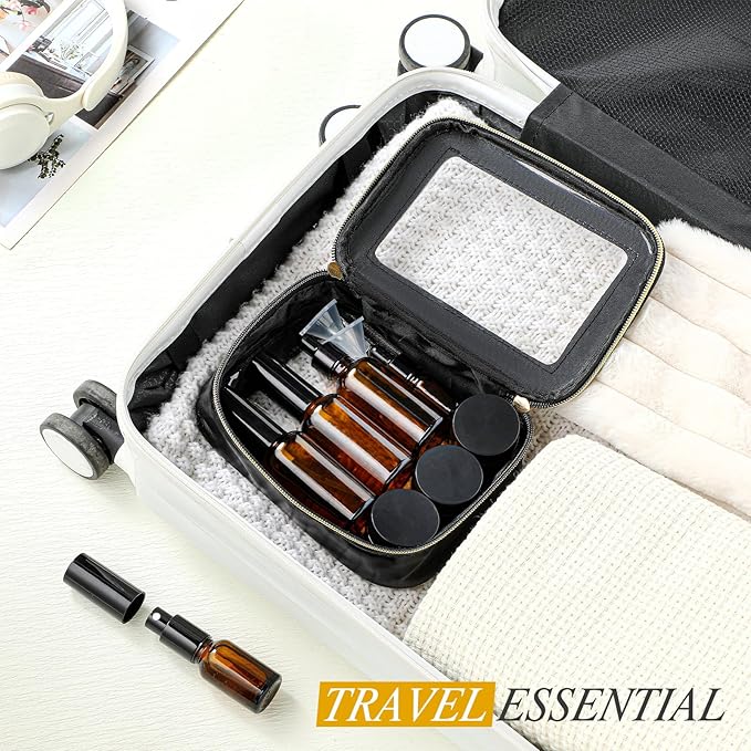 Jingmore 13 Pcs Glass Skincare Travel Containers Mini Makeup Containers Travel Size Toiletries Bottles with Pump Spray and PU Leather Toiletry Bag for Liquid Serum Cream Moisturizers Oils(Brown)