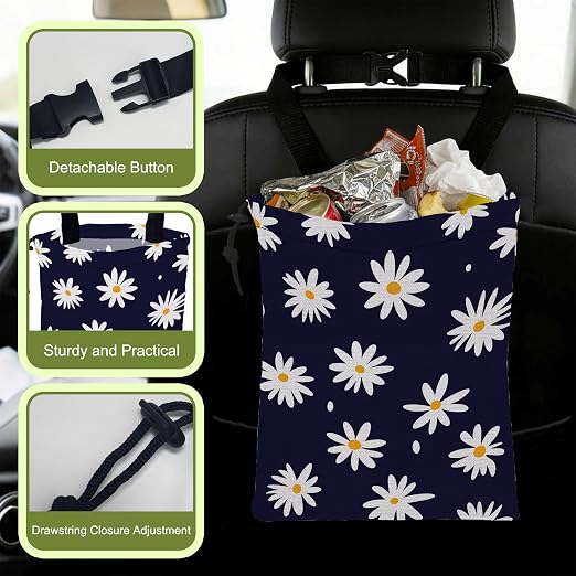 Car Garbage Bag Navy Blue Daisy Floral Hanging Canvas Car Trash Bag Waterproof Drawstring Car Back Seat Organizer for Car Back Front Seat Console with Adjustable Buckle
