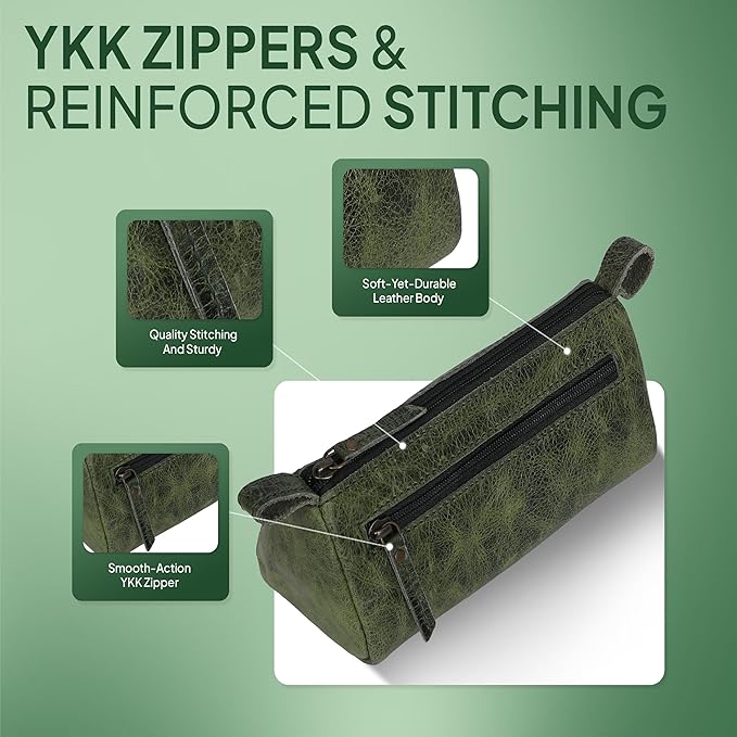 Leather Makeup Bag for Women – Genuine Leather Cosmetic Bag Travel, Handmade Zippered Makeup Pouch, Small Toiletry Bag, Shaving Kit & Stationery Organizer- Forest Green