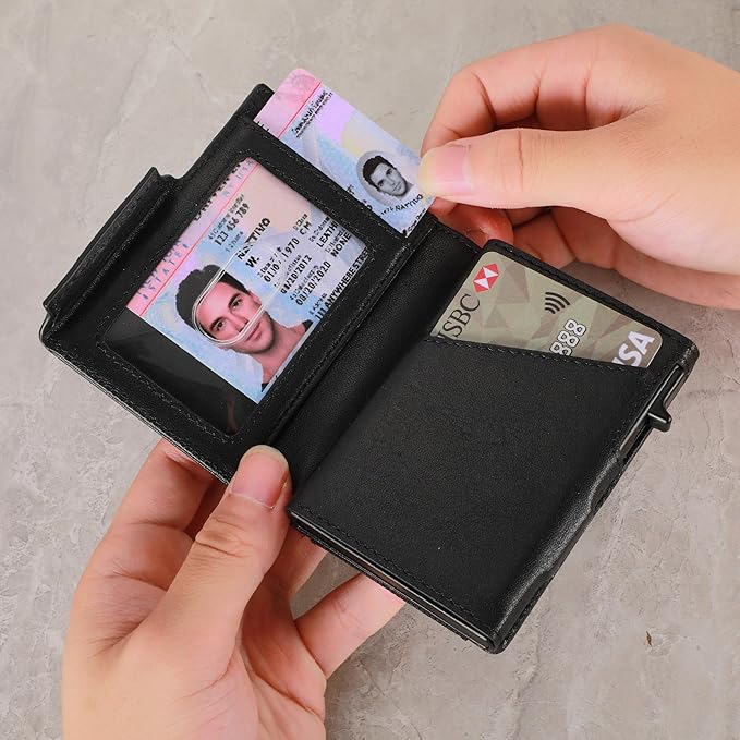 Minimalist Pop Up Wallet for Men | RFID Blocking Credit Card Holder Wallet with Money Clip | Mens Wallet Slim Bifold Front Pocket Metal Case with Gift Box (Genuine Full Grain Smooth Leather)