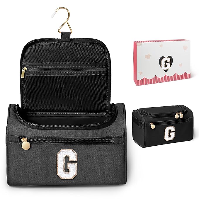 COSHAYSOO Unique Travel Gifts for Women Must Have Vacation Essentials Toiletries Accessories Bag Traveller Flight Traveling Necessities, Large Hanging Toiletry Case with Compartment Black Letter G