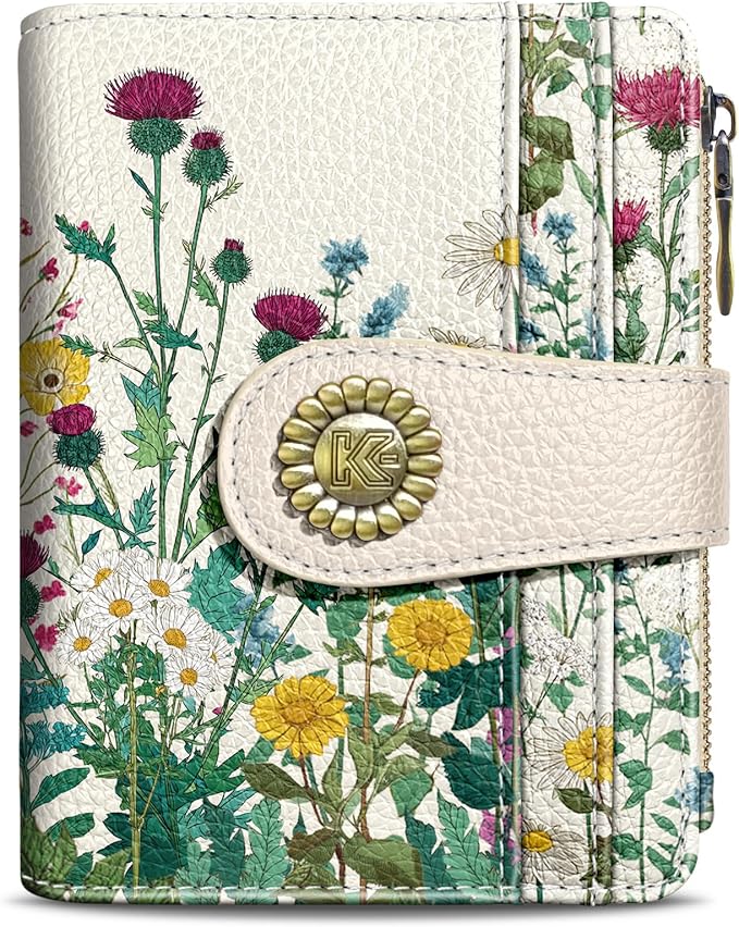 Kelvoris Aesthetic Flower Floral Small Rfid Women Wallet Bifold Zipper Coin Pocket PU Leather Compact Cash Credit Card Holder Travel Wallet for Female Ladies Teen Girls 1 ID Window 10 Card Slots
