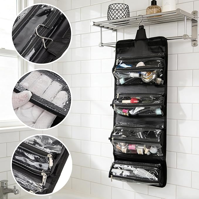 ROYALFAIR Roll Up Makeup Bag, Travel Toiletry Bag for Women with 4 Clear TSA Approved Pouches, Hanging Travel Organizer, Folding Cosmetic Bag for Men and Women