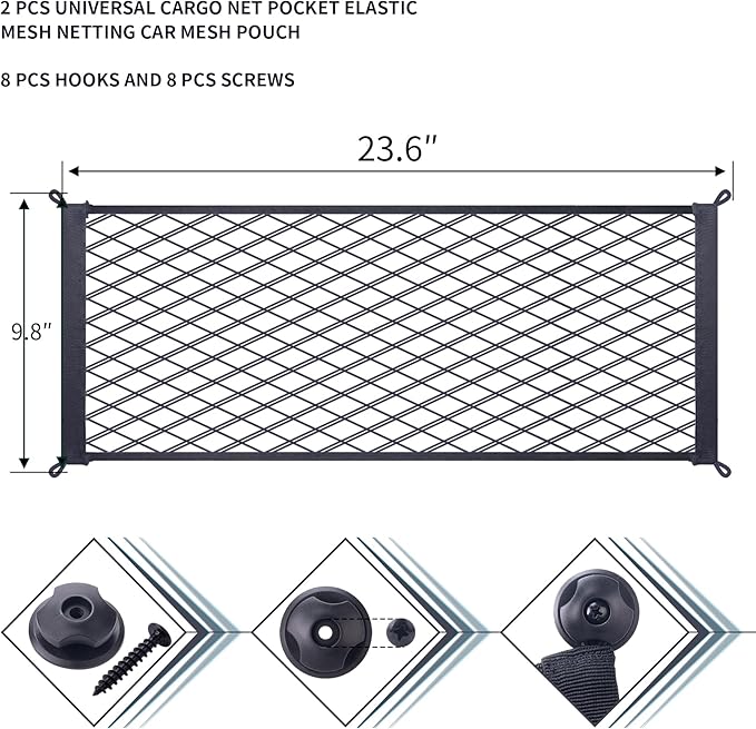 2 Pcs Universal Stretch Mesh Car Mesh Bag with Screws and Hooks for Trunk RV Boats Home Cargo Storage (23.6'' x 9.8'')