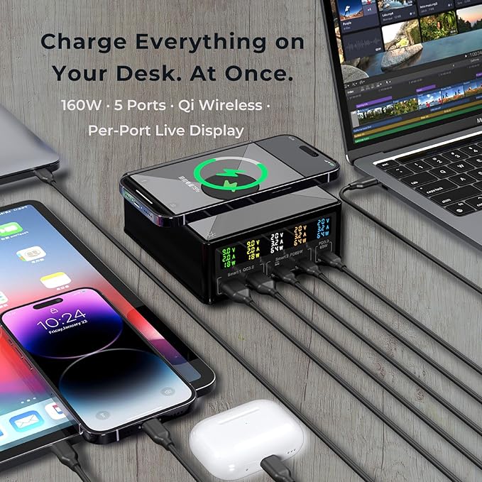 160W Desktop Charging Station 6-in-1: USB-C PD 65W Laptop Charger, QC 3.0, Qi Wireless Pad, Per-Port Digital Display On/Off ??for MacBook, iPhone, Samsung, Pixel