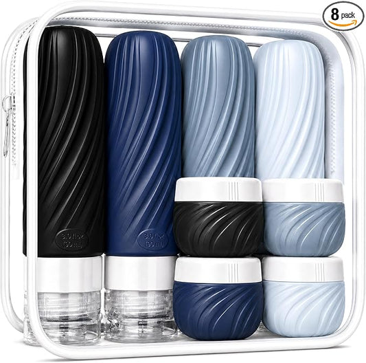 Travel Bottles for Toiletries 8 Pack: TSA Approved 3oz Leak Proof Containers - Silicone Squeezable Bottles for Shampoo Lotion - Travel Essentials for Women Men with Clear Bag (black)