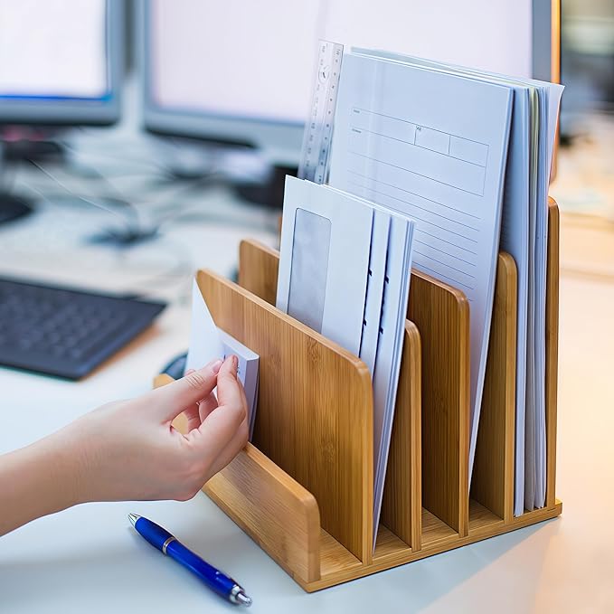 Bamboo Mail Organizer - File Holder Sorter for Letter and Folder Document Storage, Envelope Organization with 5 Slots for Office Desk, Countertop, Home Bill