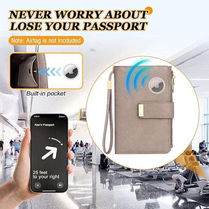 HUANLANG Passport Holder with Airtag for Women/Men, Airtag Passport Wallet for Travel Leather Passport Holder RFID Blocking,Travel Passport Walelt with Credit Card Holder