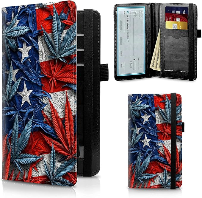 FUYOCWE Checkbook Covers for Personal Checkbook,Leather Checkbook Cover for Business/Personal Checks,RFID Blocking Check Book Cover Holder Wallets for Men Women-American Flag Leaf